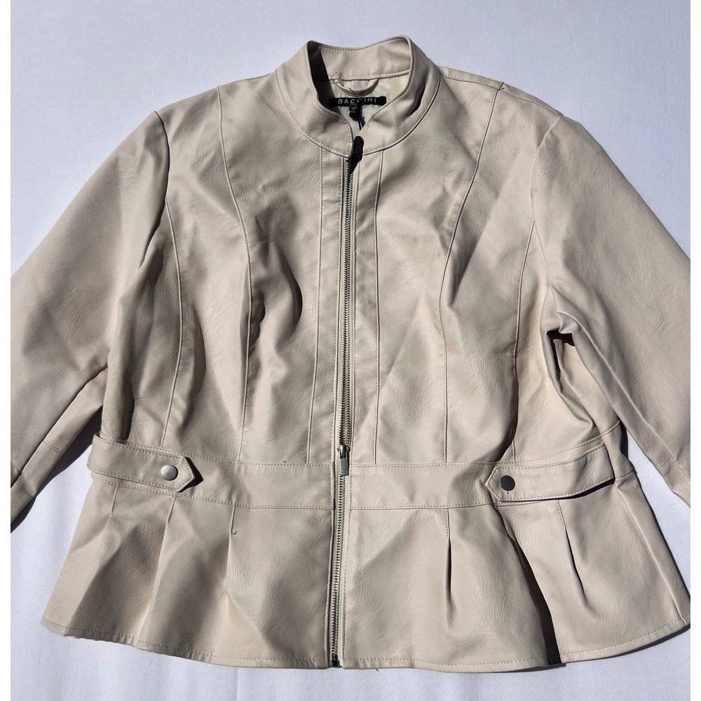 Baccini Womens Faux Leather Peplum Jacket Cream Beige Zip Up Mandarin Collar XL